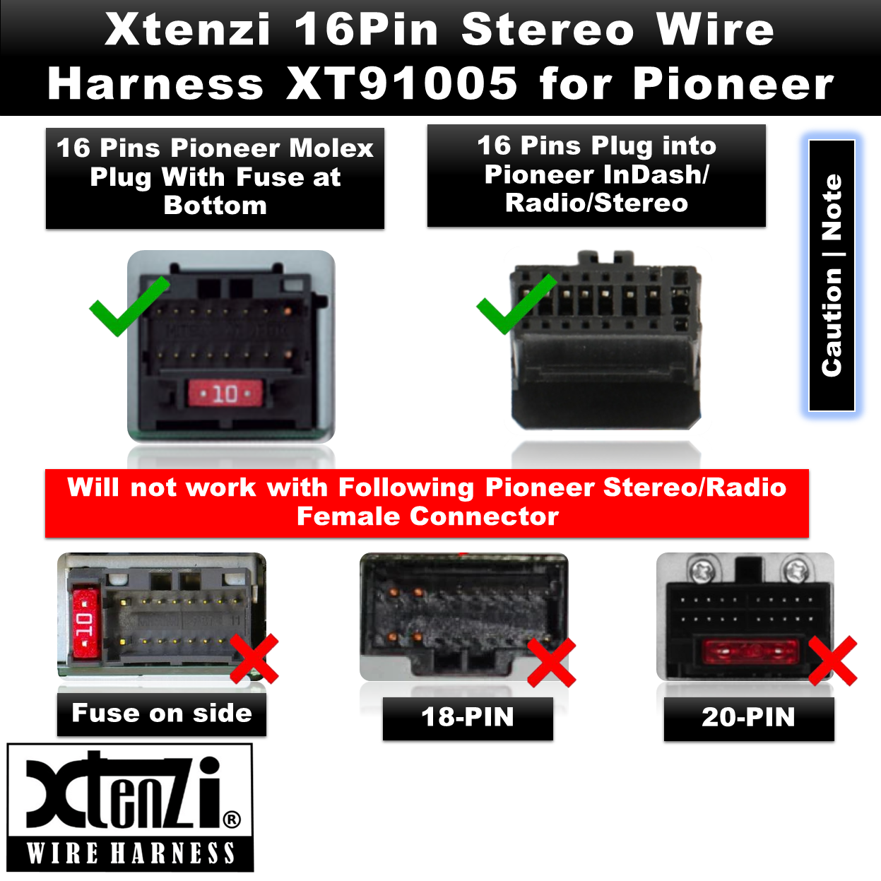 Xtenzi 16Pin Car Radio Power Wire Harness Connector for Pioneer AVH-4000DVD, AVH-P4020DVD - XT91005