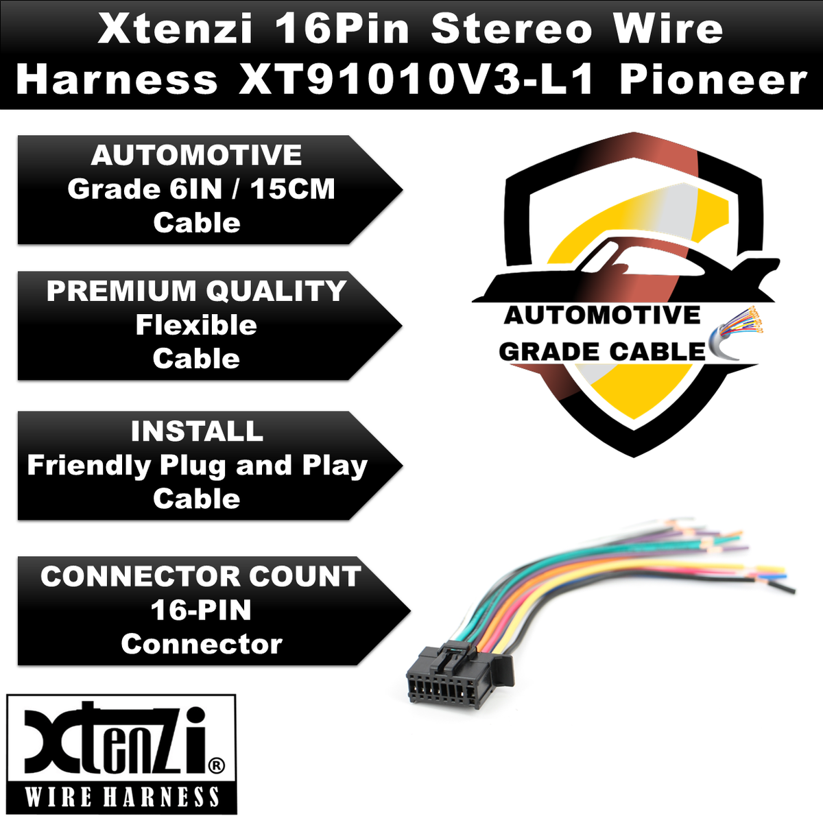 Xtenzi 16Pin Car Radio Power Wire Harness Connector for Pioneer DEHP8400BH DEH80PRS DEHP7400HD - XT91010V3