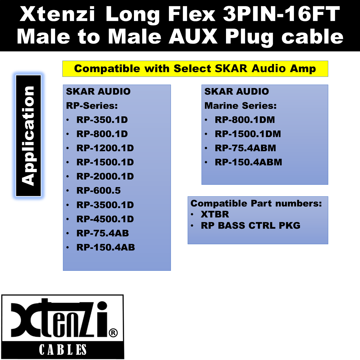 Xtenzi 3Pin 15FT Jack Bass Knob Remote Cable for SKAR Audio RP and Marine Series