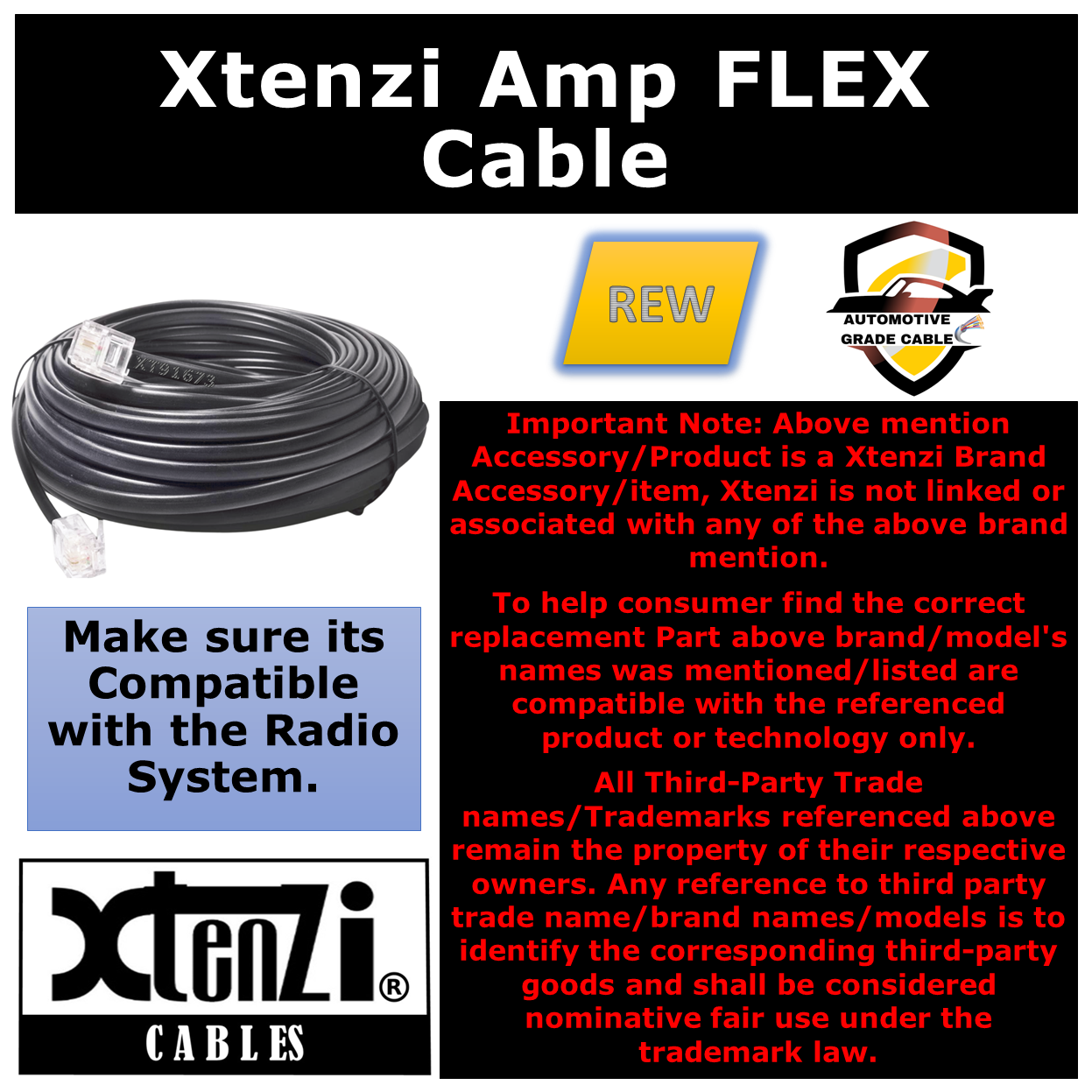 Xtenzi 6Pin Remote Bass Knob 15FT-REW Flex Cable for Infinity BassLink Amplifier