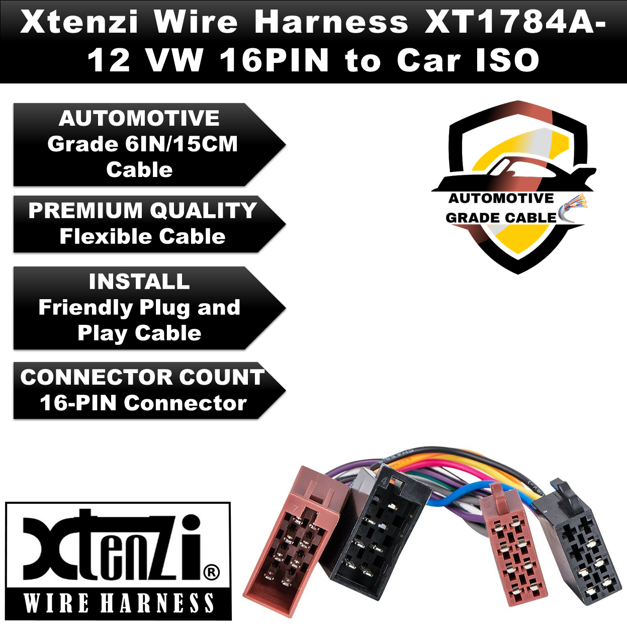 Xtenzi 16Pin ISO Car Radio Power Wire Harness for VW Audi Dodge Mercedes