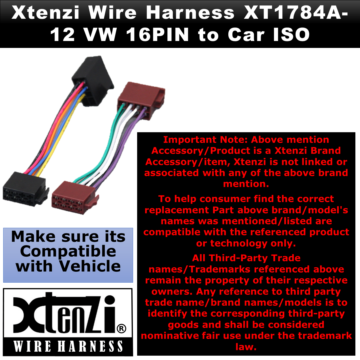 Xtenzi 16Pin ISO Car Radio Power Wire Harness for VW Audi Dodge Mercedes