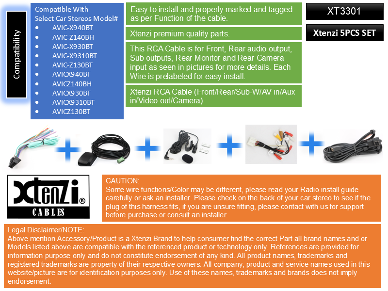 Xtenzi Connection Cable Set for Pioneer AVIC-X940BT AVIC-Z140BH GPS MIC RCA Wire Harness USB AUX Cable 5PCS Set - image 3