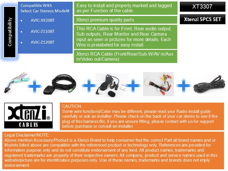 Xtenzi Car Audio 5 Pcs Set XT3307 GPS MIC RCA Wire Harness and USB Connection Cable Compatible with Pioneer AVIC-X920BT Z120BT Z110BT