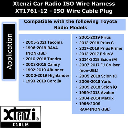 Xtenzi Car Radio ISO Wire Harness Compatible with Toyota Tacoma 2005-2020, RAV4 1996-2009, Tundra 2004-2018 Subaru 2014-2019 Stereo Cable Plug XT1761-12