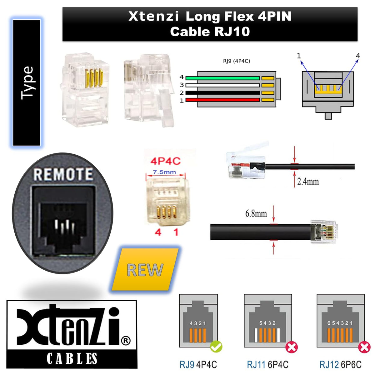 Xtenzi 4Pin Flex Cable XTFC Wire Accessory XT91656 for Amp Bass Remote Knob Compatible with Pioneer GM-D8704 GM-D9701 GM-D9705