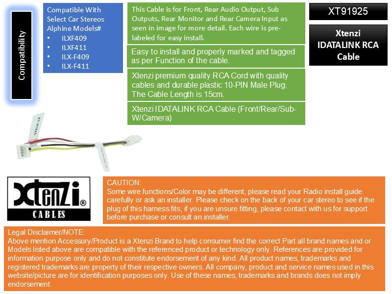 Xtenzi RCA Cord Assembly Harness XT91925 Compatible with Alpine ILXF409 ILXF411 Car Stereo Audio