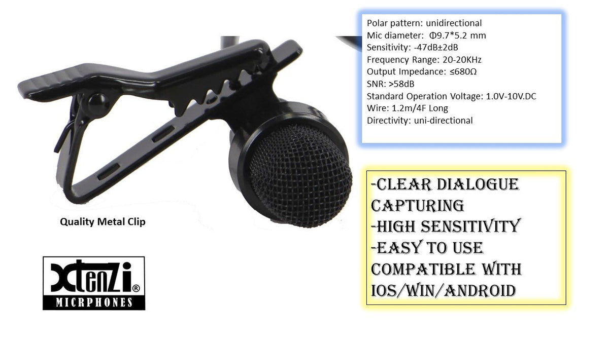 Xtenzi iX4Pro Lavalier Lapel Microphone Clip-on Directional Noise Condensing Sound Super Delux Lav Mic Compatible with Apple Ipad iPod Touch, Samsung Android & Windows Smartphones
