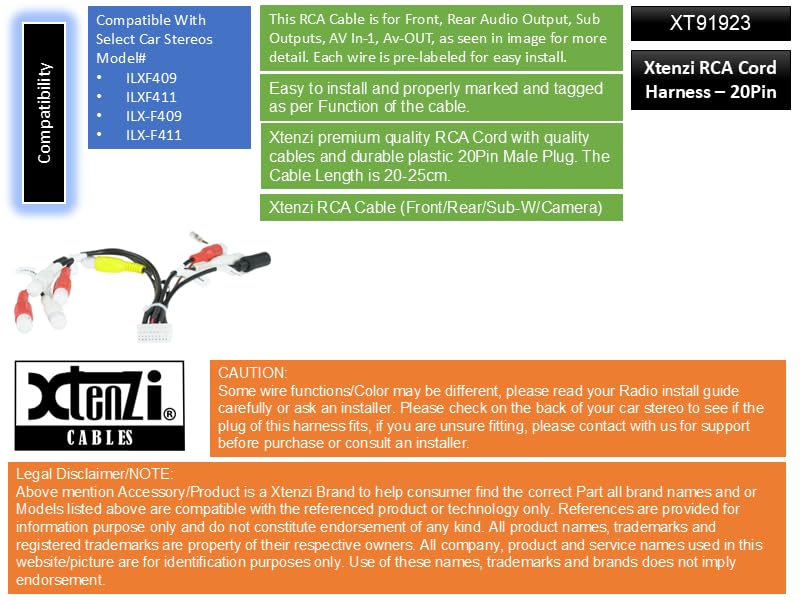 Xtenzi RCA Cord Assembly Harness XT91923 Compatible with Alpine ILXF409 ILXF411 Front Rear Sub with Camera