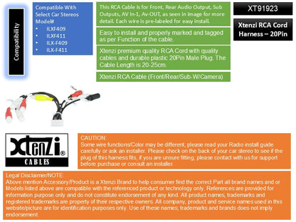 Xtenzi RCA Cord Assembly Harness XT91923 Compatible with Alpine ILXF409 ILXF411 Front Rear Sub with Camera