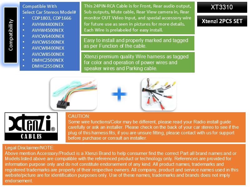 Xtenzi Car Audio 2 Pcs Cable Set XT3310 RCA and Wire Harness Compatible with Pioneer AVH-W4400NEX W4500NWX AVIC-W6400NEX W6500NEX