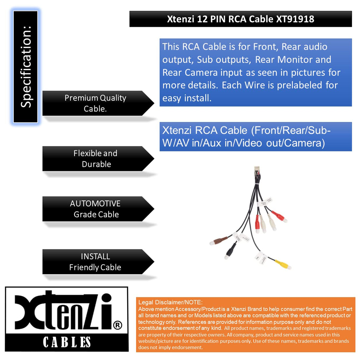 Xtenzi RCA Cord Assembly Harness Car Audio Video Compatible with Pioneer AVH240EX, AVH241EX, DMH130BT, DMH240EX, DMH241EX, DMH340EX, DMH341EX, DMH342EX
