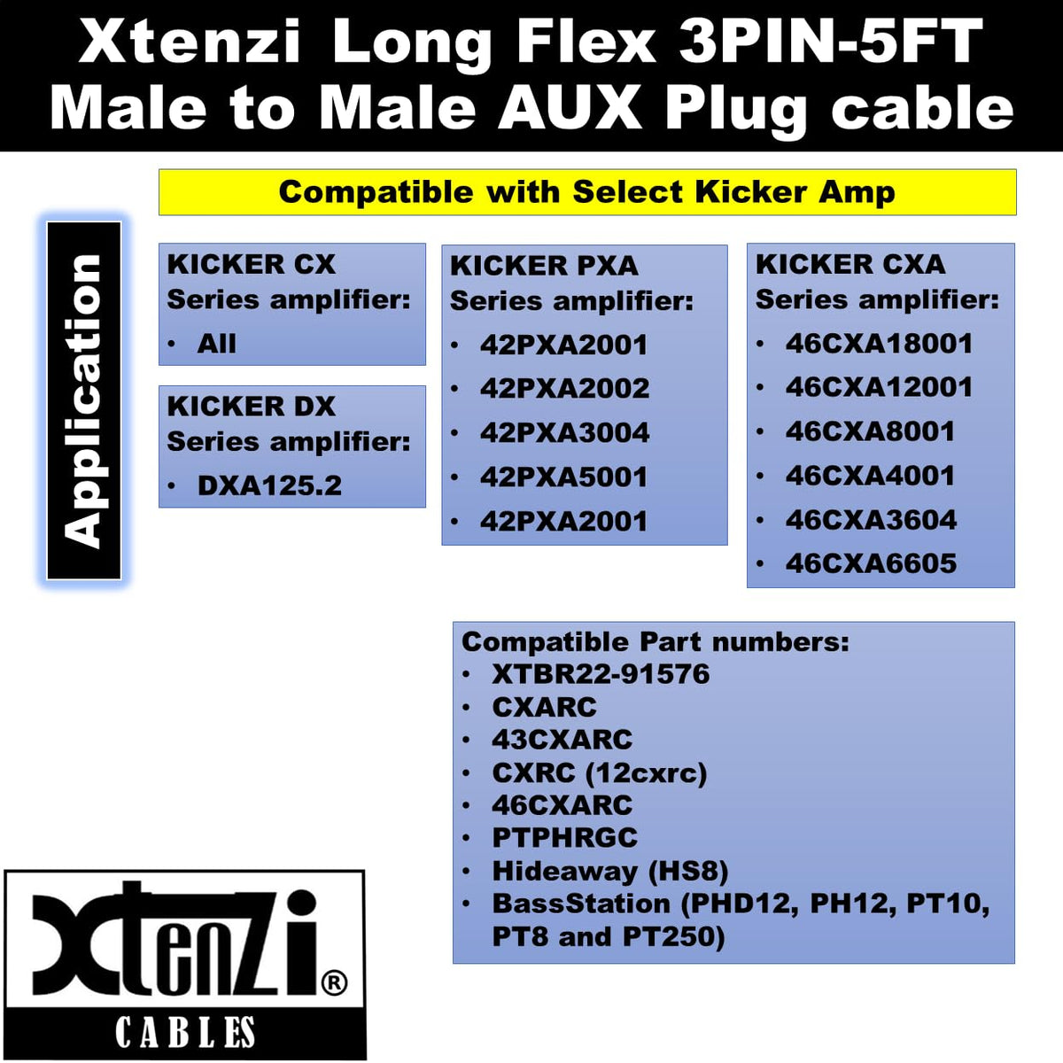 Xtenzi 3Pin Jack Flex Cable Wire Accessory for Bass Remote Knob Compatible with Kicker CX DX PX KEY500.1 Hideaway Amplifiers