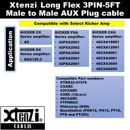 Xtenzi 3Pin Jack Flex Cable Wire Accessory for Bass Remote Knob Compatible with Kicker CX DX PX KEY500.1 Hideaway Amplifiers (5 Feet)