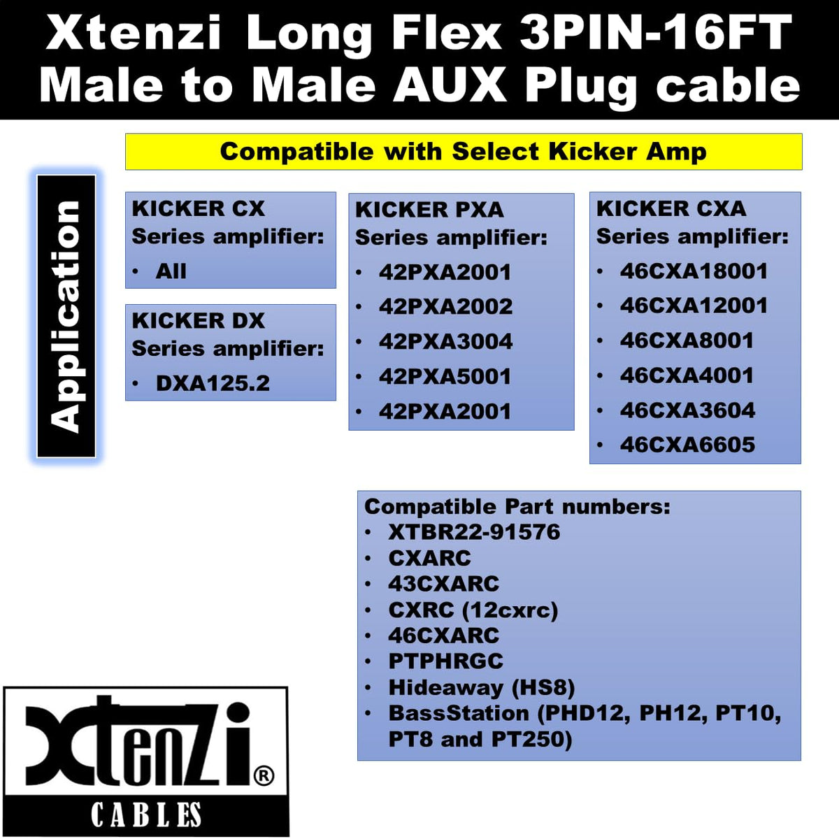Xtenzi 3Pin Jack Flex Cable Wire Accessory for Bass Remote Knob Compatible with Kicker CX DX PX KEY500.1 Hideaway Amplifiers