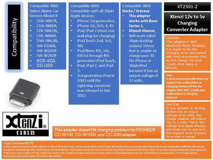 Xtenzi Aftermarket Replacement 12V to 5V Charging Converter Adapter Compatible with Select iPod's