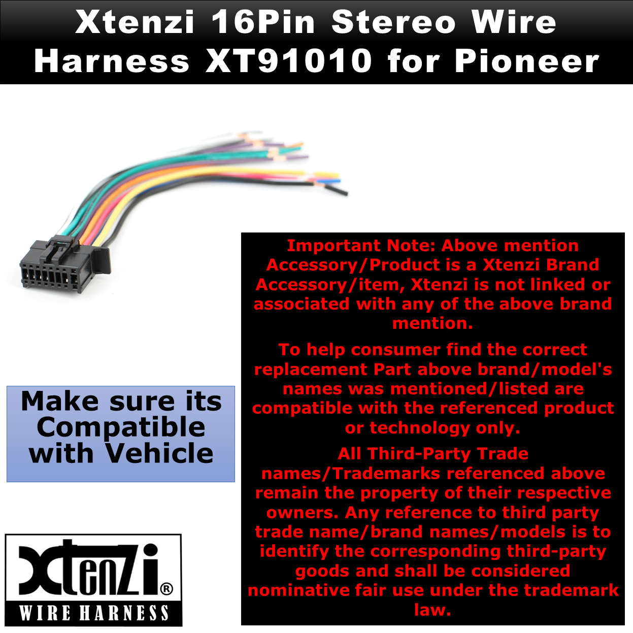 Xtenzi 16Pin Car Radio Power Wire Harness Connector for Pioneer DEH-1300M DEH-2200UB & More - XT91010