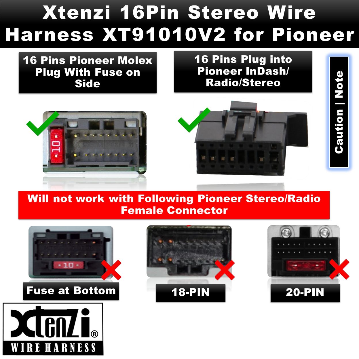 Xtenzi 16Pin Car Radio Power Wire Harness Connector for Pioneer DEH150MP DEH15MP DEH15UB DEH2500UI & More - XT91010V2