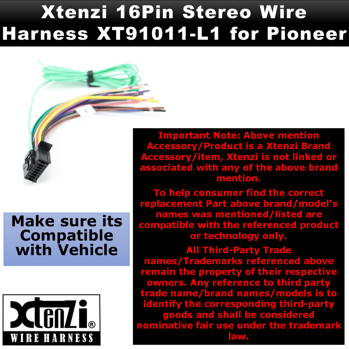 Xtenzi 16Pin Car Radio Power Wire Harness Connector Compatible with Pioneer FHX720BT FHX520UI FH-X520UI FH-X720BT FH-X721BT - XT91011 - image 2