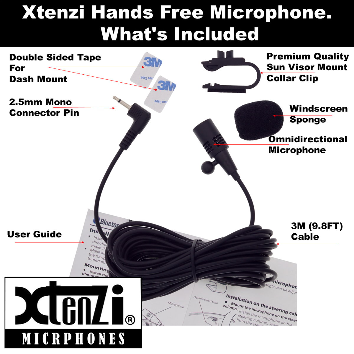 Xtenzi Microphone 2.5mm Mic XT91501B for Pioneer DEH80PRS AVH200BT AVHX3500BHS AVHX2500BT