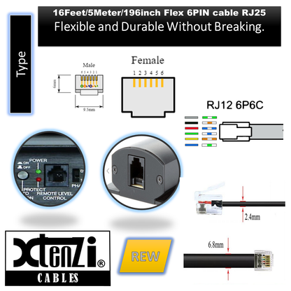 Xtenzi 6Pin Remote Bass Knob 15FT-REW Flex Cable for JBL GTO-RBC, GTO-3EZ, GTO-5EZ, GTO-501EZ, GTO-751EZ, GTO-1001EZ, Stadium 600 AMP