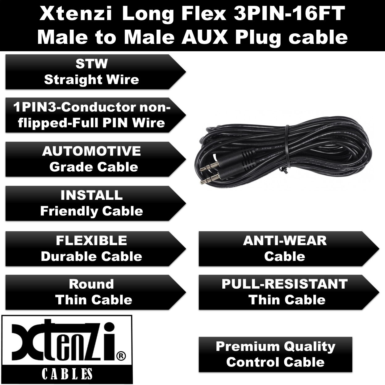 Xtenzi 3Pin 15FT Jack Bass Knob Remote Cable for SKAR Audio RP and Marine Series