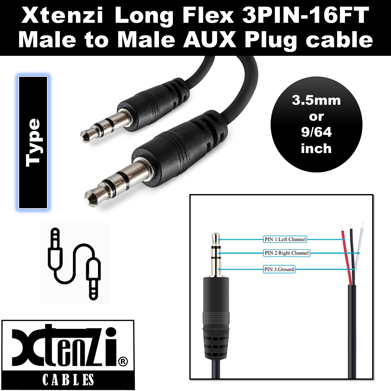 Xtenzi 3Pin 15FT Jack Bass Knob Remote Cable for SKAR Audio RP and Marine Series