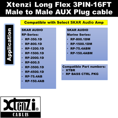 Xtenzi 3Pin 15FT Jack Bass Knob Remote Cable for SKAR Audio RP and Marine Series