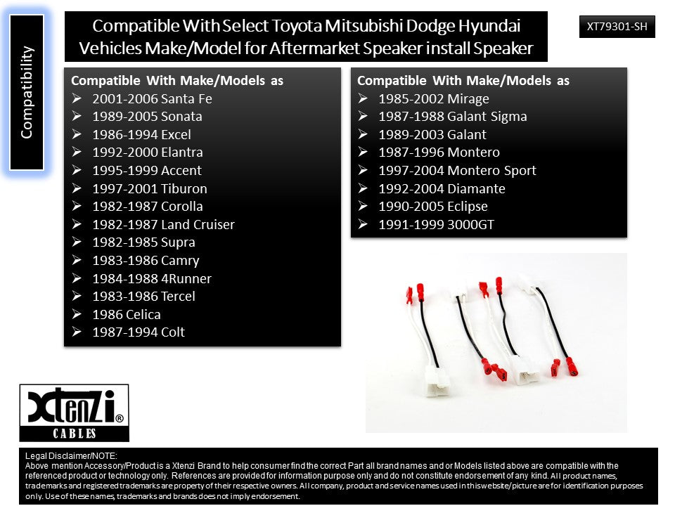 Xtenzi 2 Pair Car Speaker Harness Set for Hyundai, Toyota, Mitsubishi Vehicles
