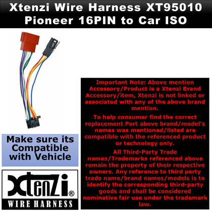 Xtenzi 16Pin ISO Car Radio Power Wire Harness for Pioneer DEH1500UB DEH4500BT