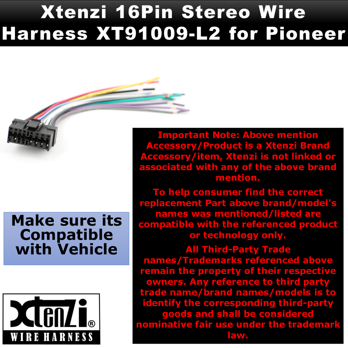 Xtenzi 16Pin Car Radio Wire Harness Connector for Pioneer DEHP200 DEHP300 DEHP3000 DEHP400 DEHP4000 - XT91009