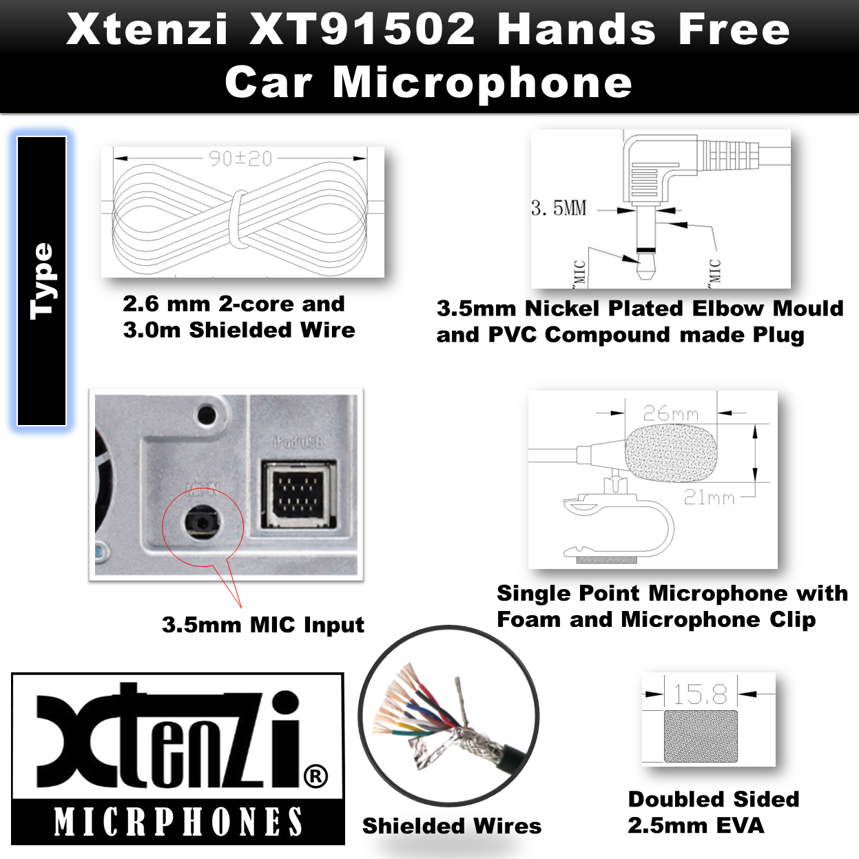 Xtenzi Microphone 3.5mm Mic for Car Vehicle Head Unit Stereo XT91502 for Alpine