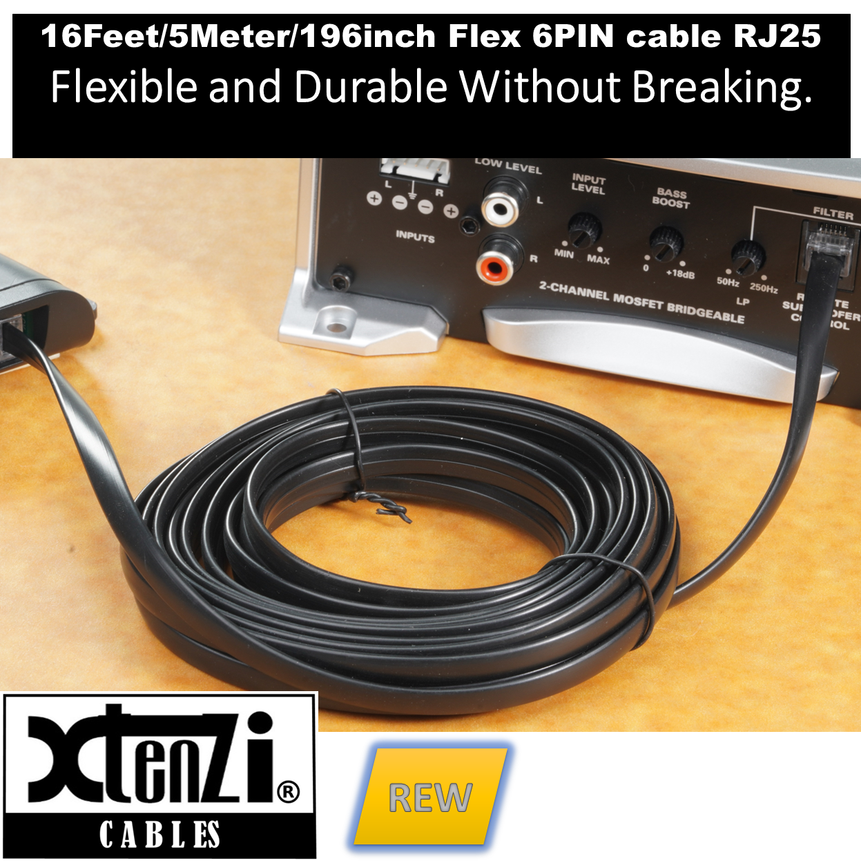 Xtenzi 6Pin Remote Bass Knob 15FT-REW Flex Cable for Infinity BassLink Amplifier